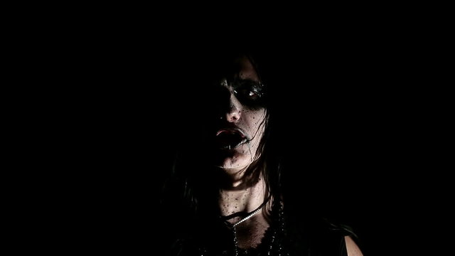 Vocalist of black metal band. Close up face at dark background