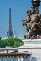 Fototapeta na wymiar Pont Alexandre III (Lamp post details) and Eiffel Tower, Paris F