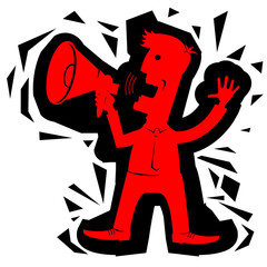 MAn in office clothes with loudspeaker.Vector red silhouette on