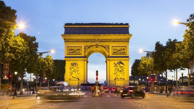 Paris, Traffic on avenue des champs élysées with arc de triomphe illuminated ( Time Lapse, HD, 1980X1080)