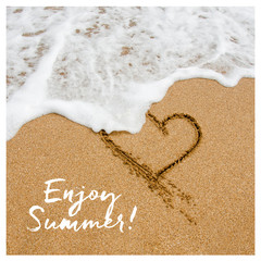 Enjoy summer card design. Shape of the heart in the sand on the