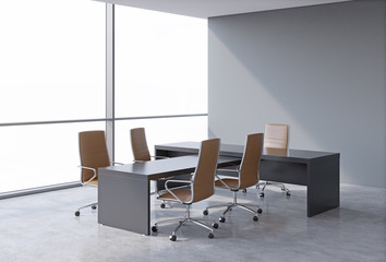 Modern office interior with huge windows and copy space panoramic view. A concept of CEO workplace. 3D rendering.