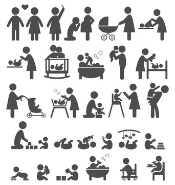 Set of family and baby pictograms flat icons isolated on white b