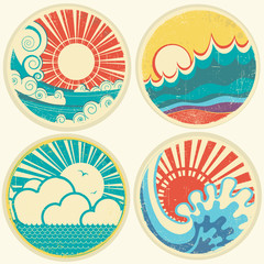 vintage sun and sea waves. Vector icons of  illustration of seas