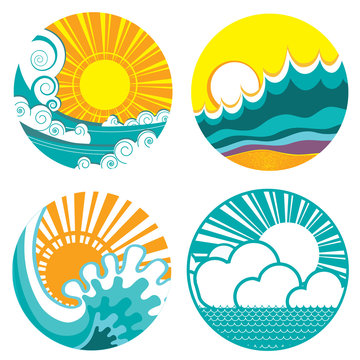 sun and sea waves. Vector icons of  illustration of seascape for