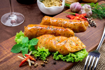 Grilled sausage with vegetables and mustard