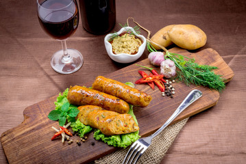 Grilled sausage with vegetables and mustard