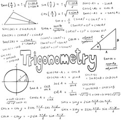 Trigonometry law theory and mathematical formula equation, doodle handwriting sheet - obrazy, fototapety, plakaty