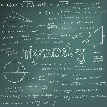 Trigonometry law theory and mathematical formula equation, doodle handwriting vector