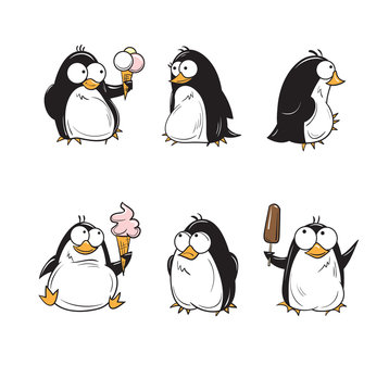 Set with cute cartoon penguins with ice cream.
