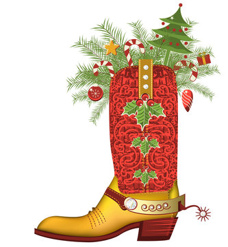 Christmas cowboy boot.Luxury shoe isolated on white