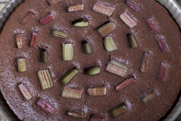 Chocolate cake with rhubarb in a baking dish