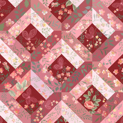 seamless patchwork pattern with flowers and butterflies