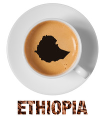 Ethiopia map drawing art on coffee foam in cup