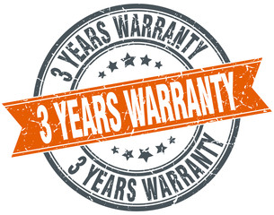 3 years warranty round orange grungy vintage isolated stamp
