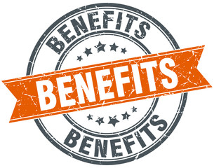 benefits round orange grungy vintage isolated stamp