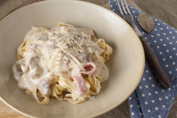 Carbonara Pasta, white sauce carbonara pasta with ham and mushroom