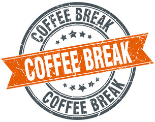 coffee break round orange grungy vintage isolated stamp