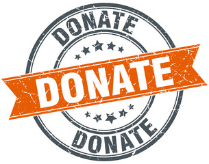 donate round orange grungy vintage isolated stamp