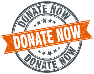 donate now round orange grungy vintage isolated stamp