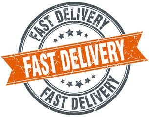 fast delivery round orange grungy vintage isolated stamp