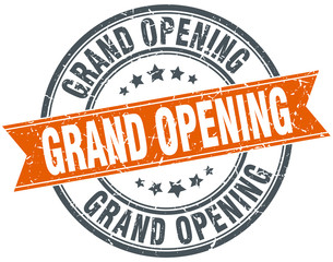 grand opening round orange grungy vintage isolated stamp