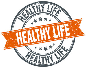 healthy life round orange grungy vintage isolated stamp