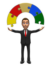 smiling businessman with a semicircle of puzzles