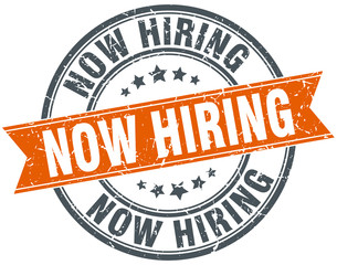 now hiring round orange grungy vintage isolated stamp