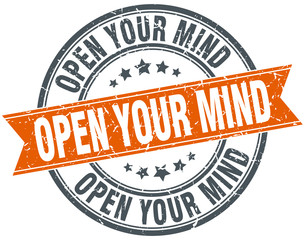 open your mind round orange grungy vintage isolated stamp
