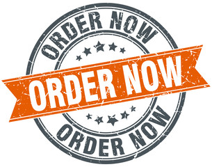 order now round orange grungy vintage isolated stamp