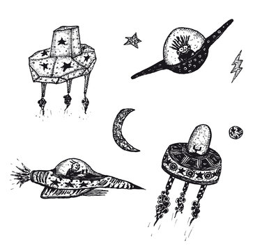 Spaceship, Ufo and flying saucer Set