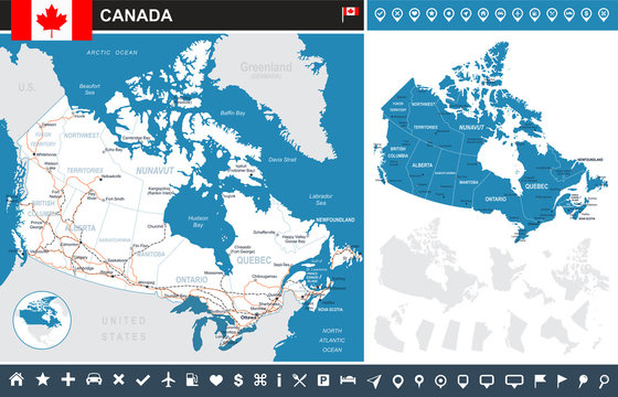 Canada infographic map - highly detailed vector illustration with land contours, country and land names, city names, water objects, flag, navigation icons, roads, railways.