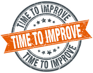 time to improve round orange grungy vintage isolated stamp