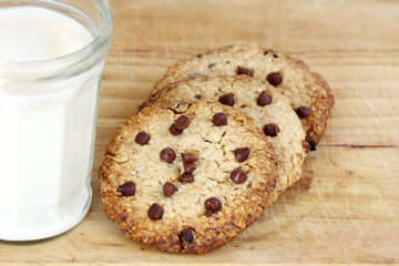 snack: glass of milk and chocolate chip cookies on wooden background
