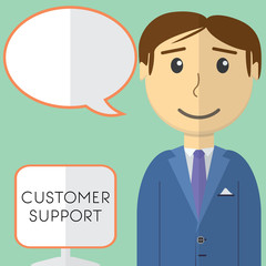 Flat design modern vector illustration concept of customer support manager with speach bubble, on color background