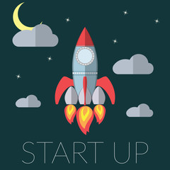 Flat design modern vector illustration of a rocket concept for new business project startup, launching new innovation product, creative start on market