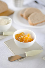 Healthy Breakfast: milk coffee with toasts and marmalade.
