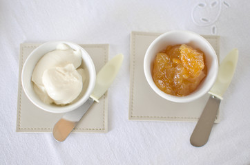 Healthy Breakfast: milk coffee with toasts and marmalade.