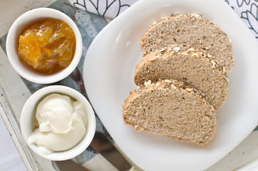 Healthy Breakfast: milk coffee with toasts and marmalade.