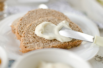 Healthy Breakfast: milk coffee with toasts and marmalade.