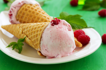 Delicious raspberry ice cream close-up.