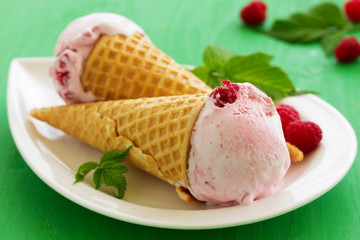 Delicious raspberry ice cream close-up.