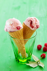 Delicious raspberry ice cream close-up.