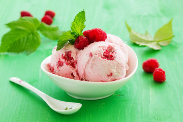 Delicious raspberry ice cream close-up.