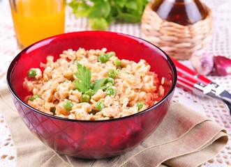 oatmeal with green peas, olive oil, sea salt and garlic