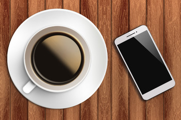 coffee and phone with wood background 