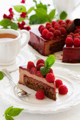 chocolate brownie cake with raspberries.