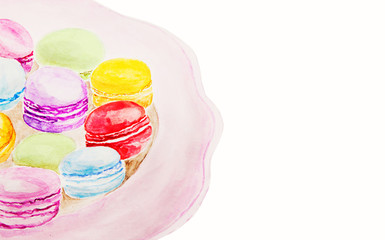 Dessert macaroons watercolor painting on white background. 