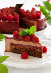chocolate brownie cake with raspberries.